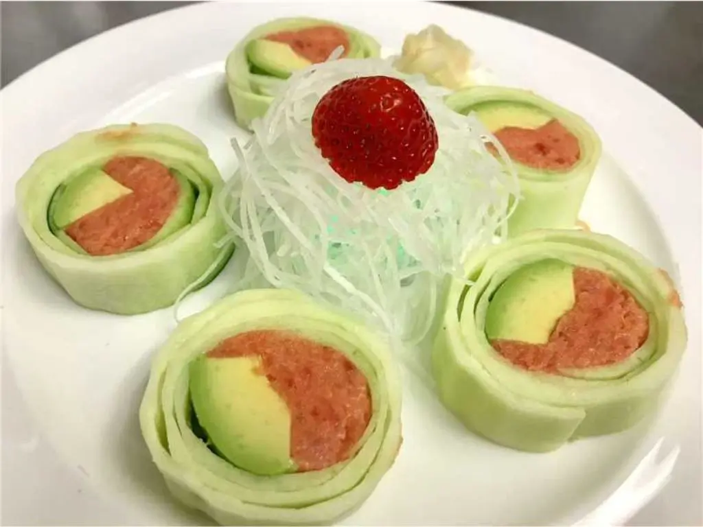 Avocado and Salmon Rolls are made with thinly sliced avocado and salmon, rolled together with rice and seaweed at Blue Wazabi, a Japanese restaurant in NJ