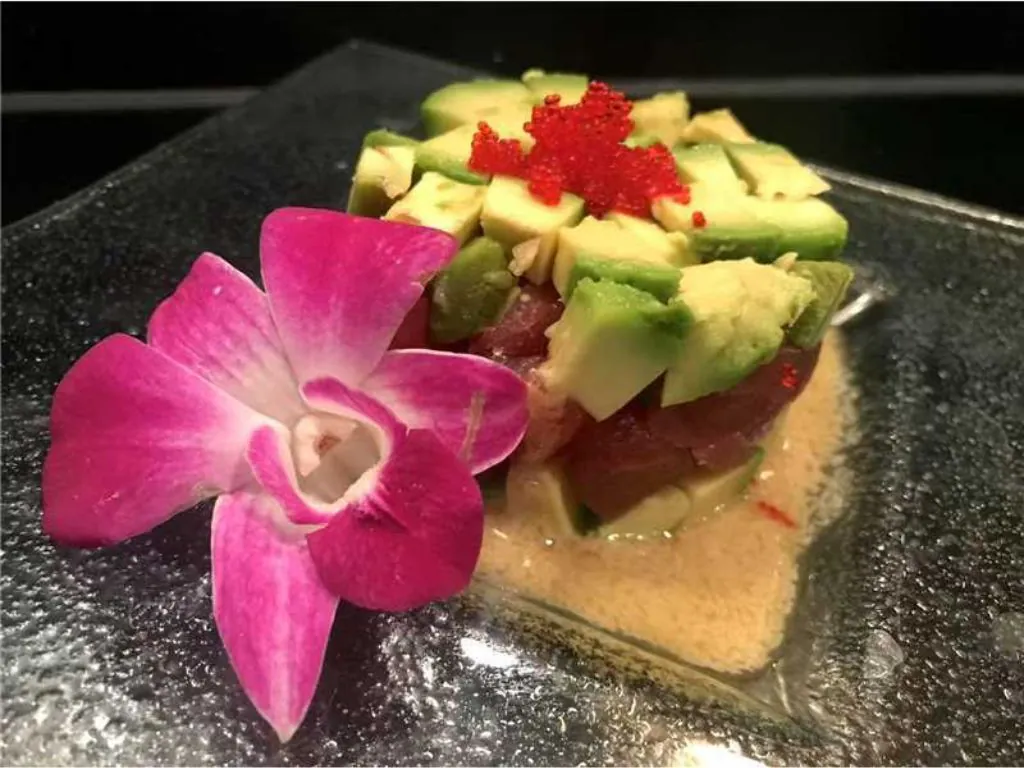 Tuna and Avocado Tartare combines diced raw tuna and avocado, topped with tobiko at Blue Wazabi, a Japanese restaurant in NJ